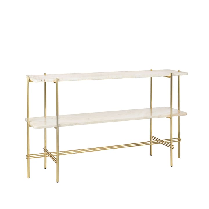 TS Console avlastningsbord 120x30x72 cm, natural white travertine, mässingstativ, 2 marmorhyllor GUBI