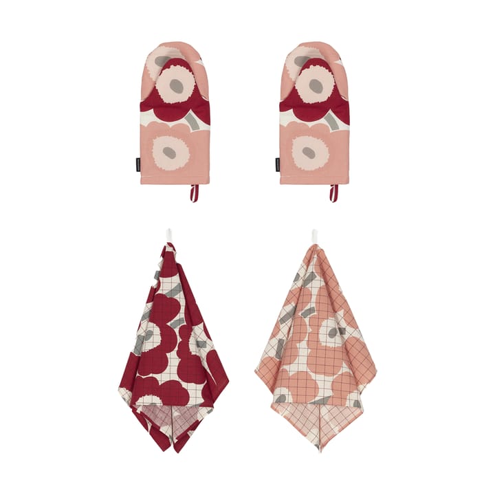 Pieni Unikko kökshandduk+grytvante 4 delar - Cotton-dark cherry-rose - Marimekko