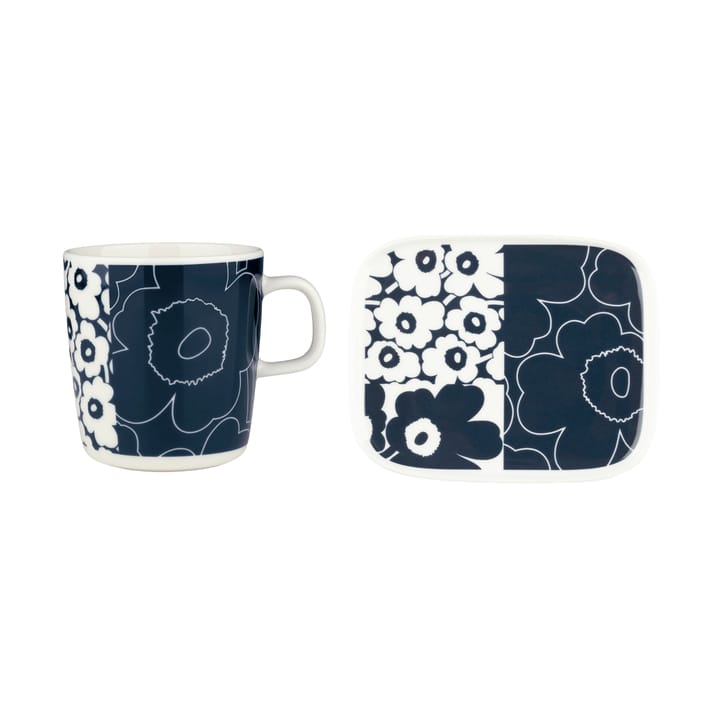 Unikko kollaasi bricka + mugg 2 delar - White-dark blue - Marimekko