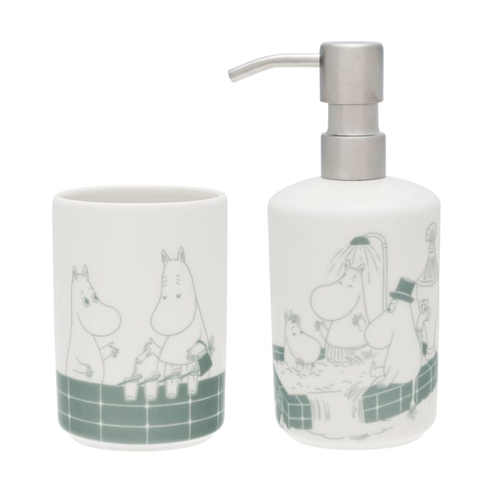 Mumin tvålpump och tandborstställ, Badstund grön-vit Moomin Arabia