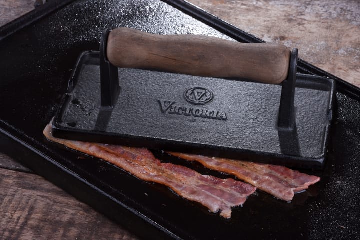 Bacon- och grillpress gjutjärn med trähandtag - 21x11 cm - Victoria