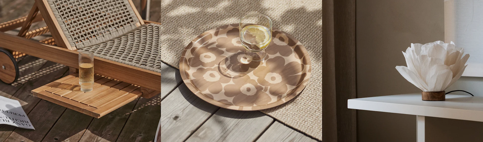 Tre vertikala paneler. Vänster: Vävd solstol, glas, tidning på trädäck. Mitten: Blommigt bricka med dryck. Höger: Vit blomformad lampa.