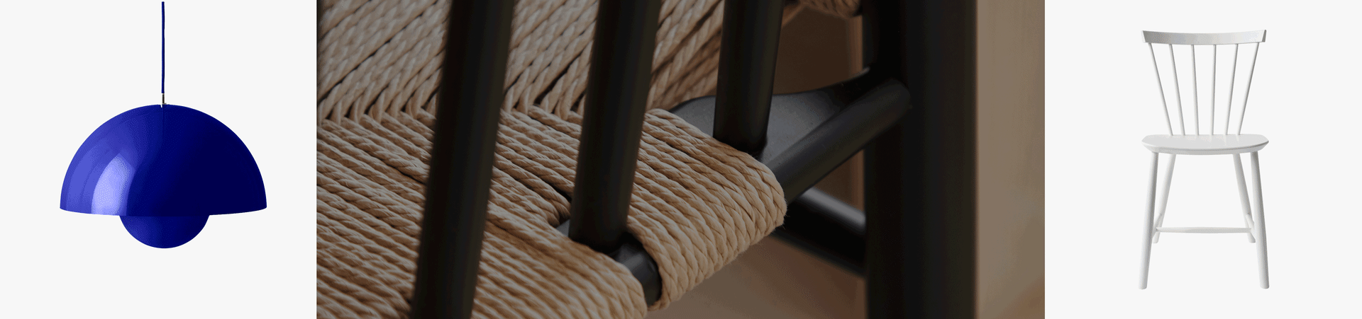 Blå klockformad pendellampa, närbild av stol med vävd naturfibersits, vit trästol med pinnrygg.