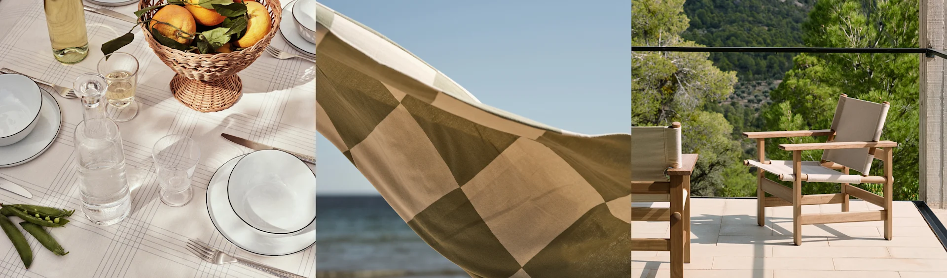 Tre paneler: dukat middagsbord, rutigt tyg vid havet och trästolar på en balkong med utsikt.